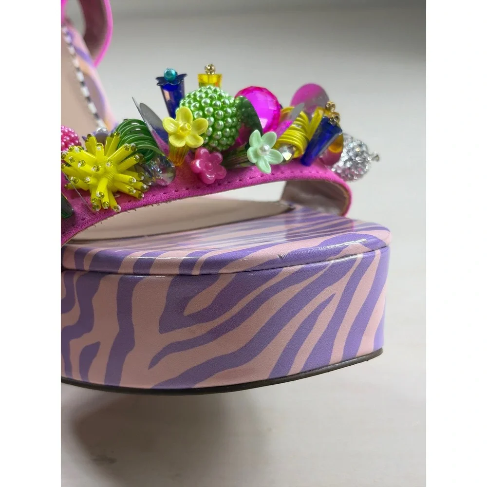 Betsey Johnson Zebra Print Pink Glitter Embellished Platform Block Heel Sandals